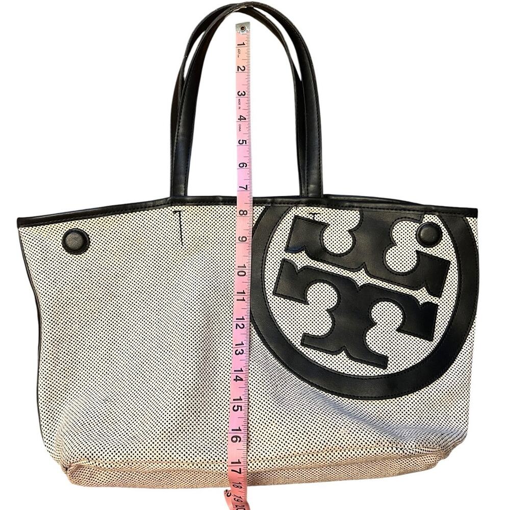 Tory Burch Lonnie Large Perforated Canvas Mesh Logo Tote Bag White Black - Picture 7 of 12
